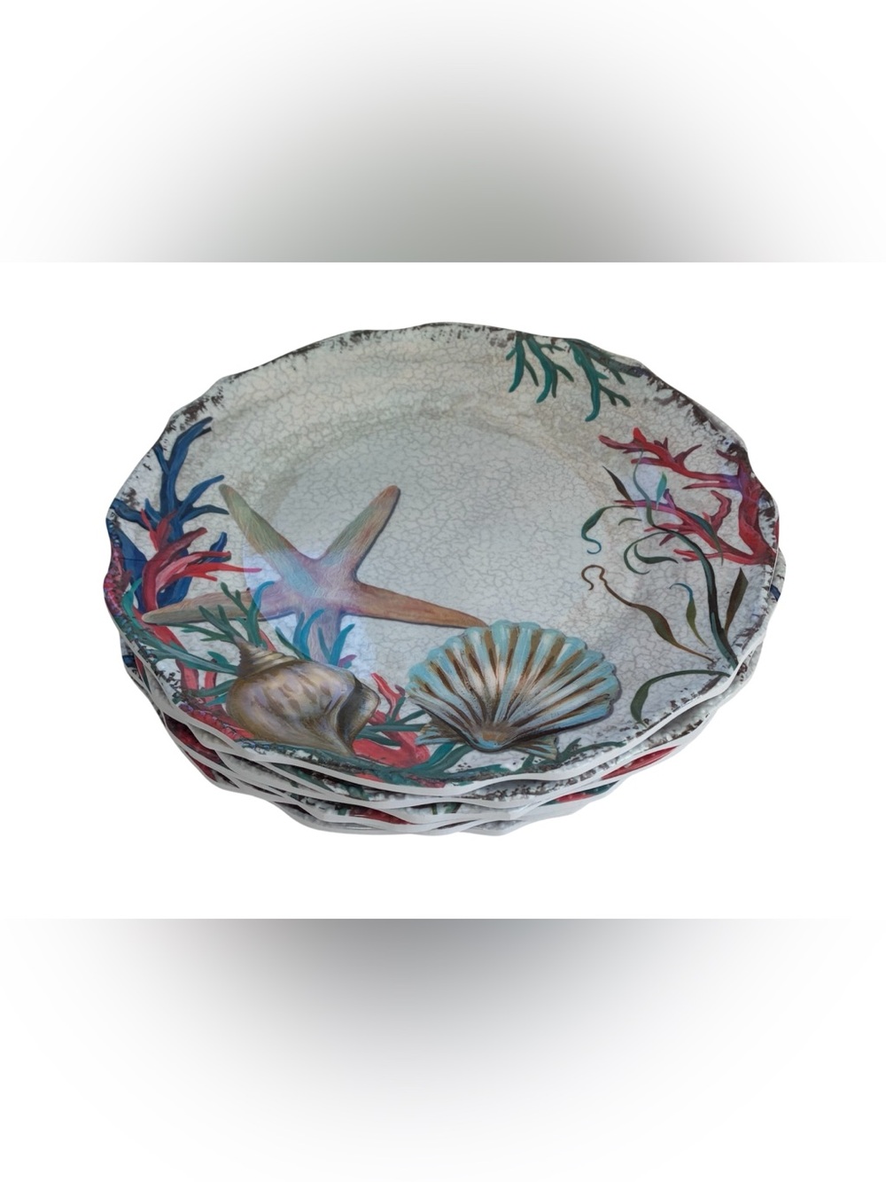 NAUTICAL MELAMINE DINNER PLATES BUNDLE STARFISH SEASHELLS SET OF 6